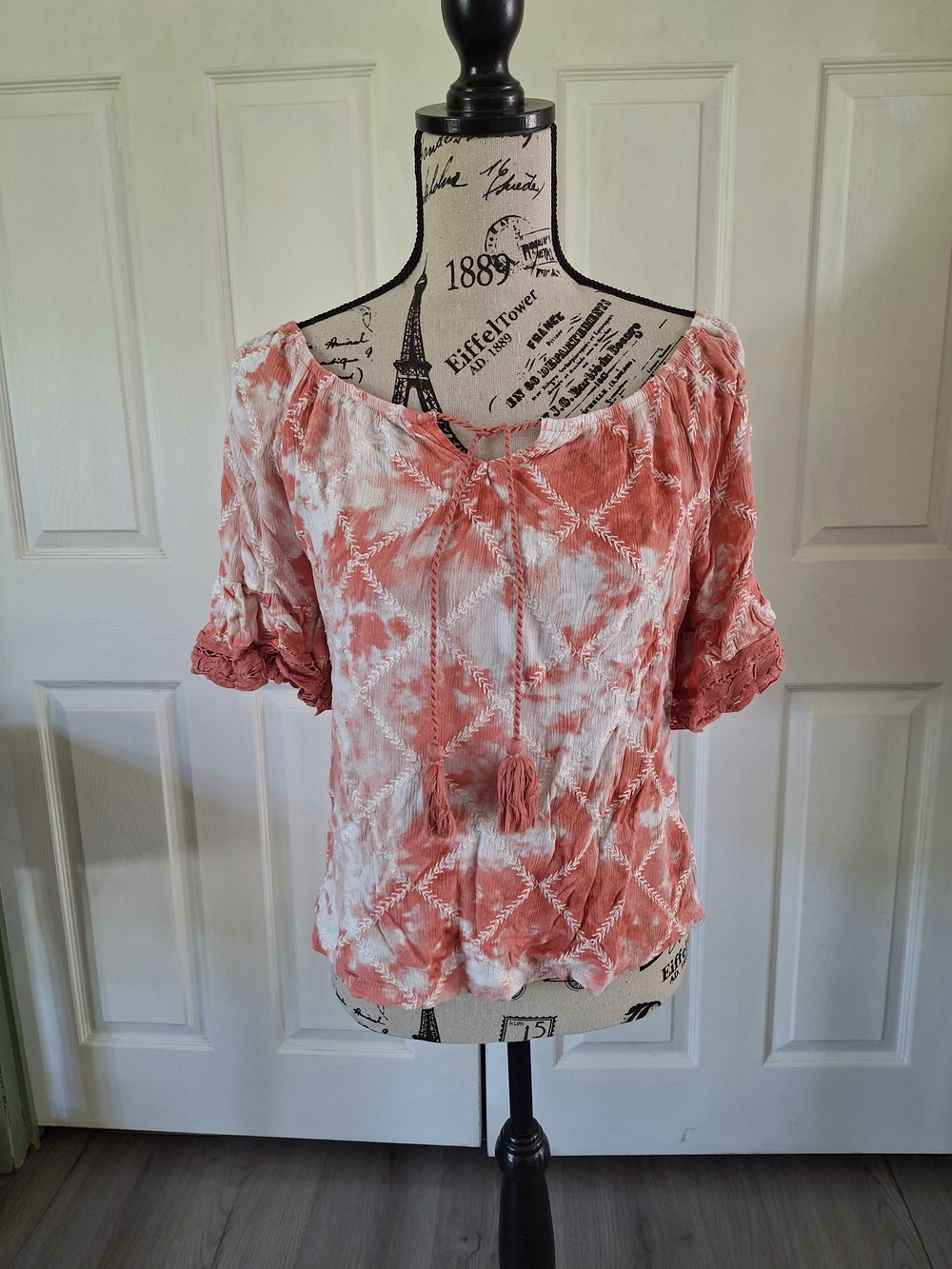 Maurices Coral and White Tie-Dye Off-Shoulder Blouse with Tassel